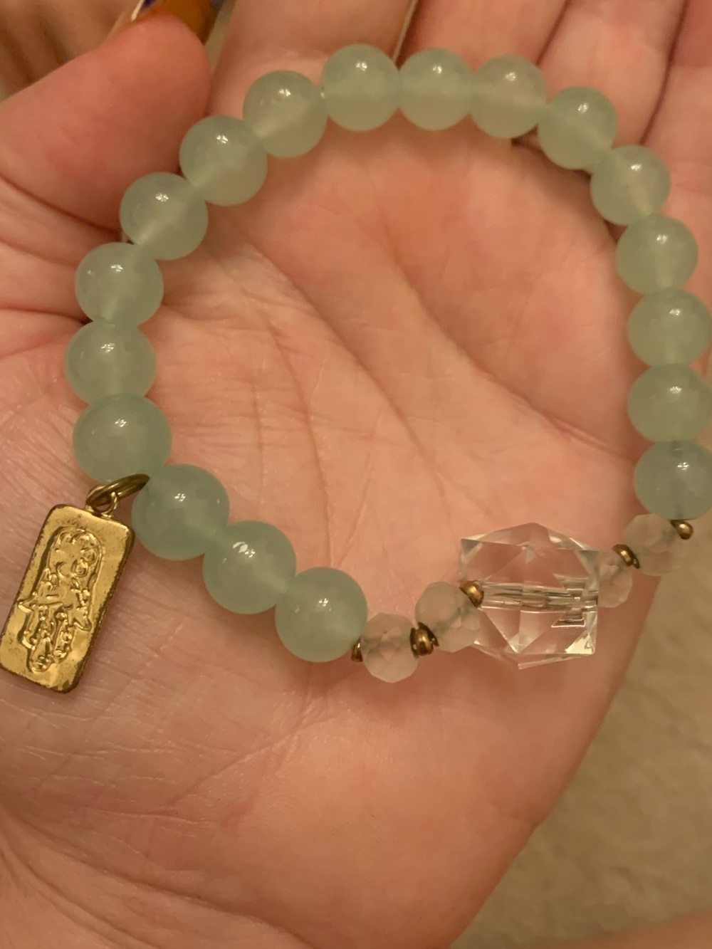 Mint Green Bead Stretch Bracelet With A Hand Of Fatima